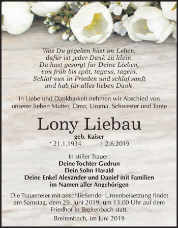 Traueranzeige von Lony Liebau von Super Sonntag SGH Mansf. Land