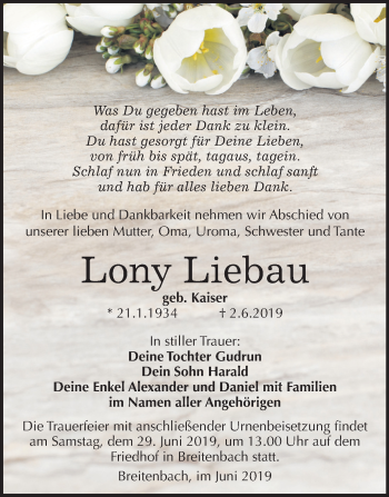 Traueranzeige von Lony Liebau von Mitteldeutsche Zeitung