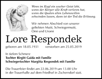 Traueranzeige von Lore Respondek von Mitteldeutsche Zeitung Bitterfeld