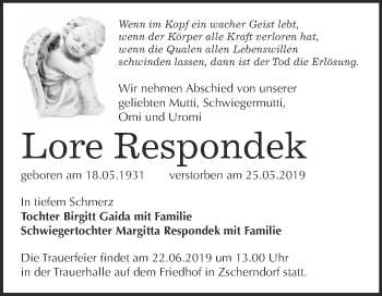 Traueranzeige von Lore Respondek von WVG - Wochenspiegel Dessau / Köthen