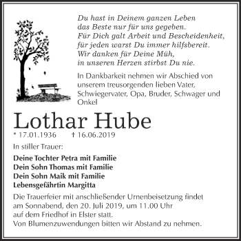 Traueranzeige von Lothar Hube von WVG - Wochenspiegel Wittenberg