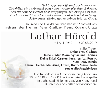 Traueranzeige von Lothar Hörold von Super Sonntag SGH Mansf. Land