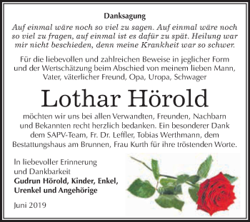 Traueranzeige von Lothar Hörold von Super Sonntag SGH Mansf. Land
