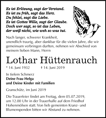 Traueranzeige von Lothar Hüttenrauch von WVG - Wochenspiegel NMB / WSF / ZTZ