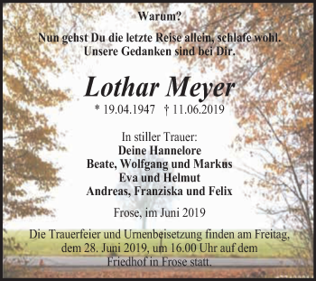 Traueranzeige von Lothar Meyer von Super Sonntag Aschersleben