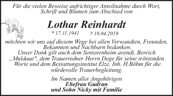 Traueranzeige von Lothar Reinhardt von Mitteldeutsche Zeitung