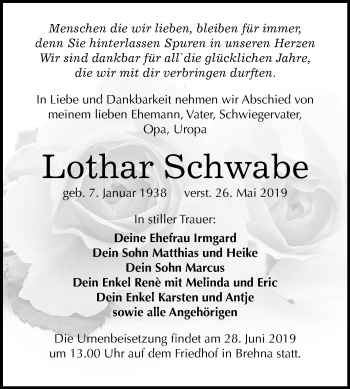 Traueranzeige von Lothar Schwabe von Mitteldeutsche Zeitung Bitterfeld