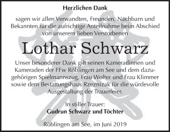 Traueranzeige von Lothar Schwarz von Super Sonntag SGH Mansf. Land