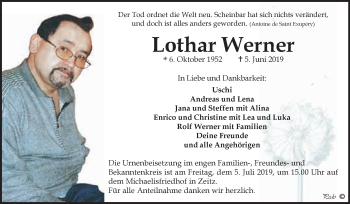 Traueranzeige von Lothar Werner von WVG - Wochenspiegel NMB / WSF / ZTZ