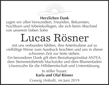 Traueranzeige von Lucas Rösner von Super Sonntag Wittenberg