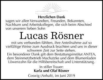 Traueranzeige von Lucas Rösner von Mitteldeutsche Zeitung