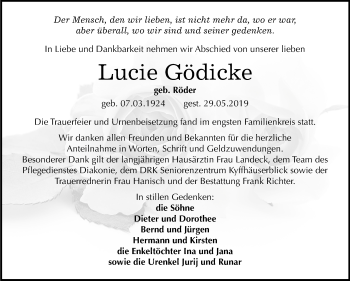 Traueranzeige von Lucie Gädicke von Mitteldeutsche Zeitung Sangerhausen