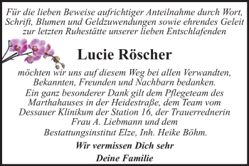 Traueranzeige von Lucie Röscher von Mitteldeutsche Zeitung