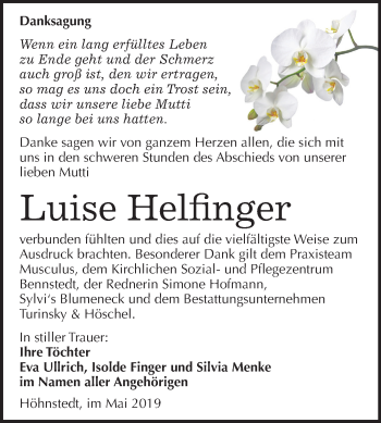 Traueranzeige von Luise Helfinger von Mitteldeutsche Zeitung Halle/Saalkreis