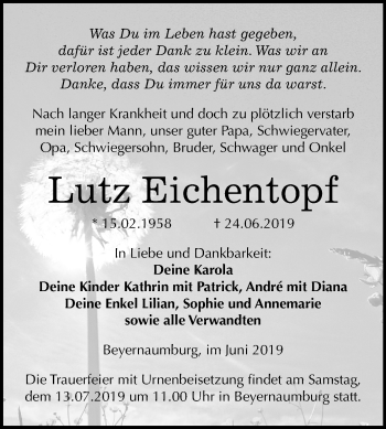 Traueranzeige von Lutz Eichentopf von Mitteldeutsche Zeitung Sangerhausen