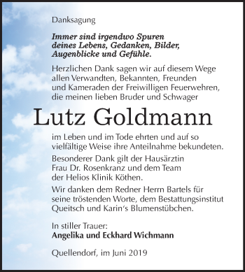 Traueranzeige von Lutz Goldmann von Mitteldeutsche Zeitung Köthen