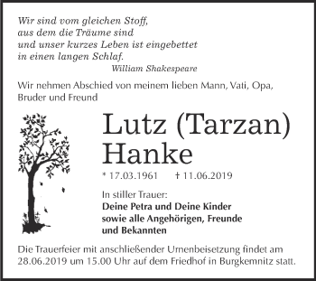 Traueranzeige von Lutz Hanke von WVG - Wochenspiegel Bitterfeld