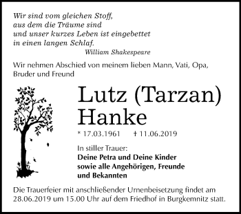 Traueranzeige von Lutz Hanke von Mitteldeutsche Zeitung Bitterfeld