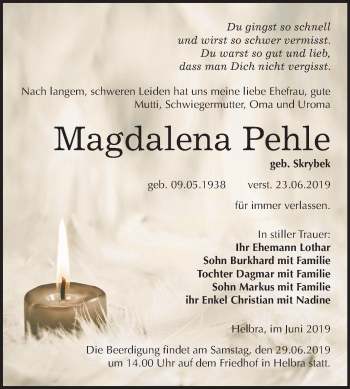 Traueranzeige von Magdalena Pehle von Mitteldeutsche Zeitung