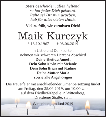 Traueranzeige von Maik Kurczyk von Mitteldeutsche Zeitung