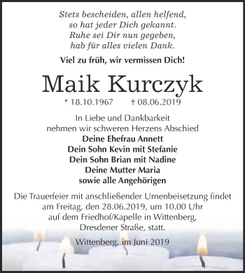 Traueranzeige von Maik Kurczyk von Super Sonntag Wittenberg