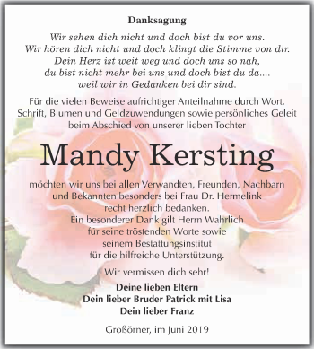 Traueranzeige von Mandy Kersting von Wochenspiegel Mansfelder Land
