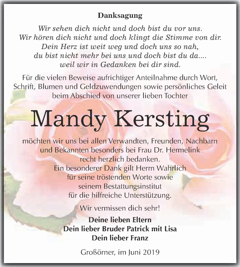  Traueranzeige für Mandy Kersting vom 10.06.2019 aus Wochenspiegel Mansfelder Land