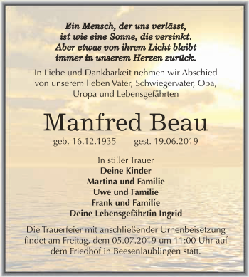 Traueranzeige von Manfred Beau von Super Sonntag Bernburg