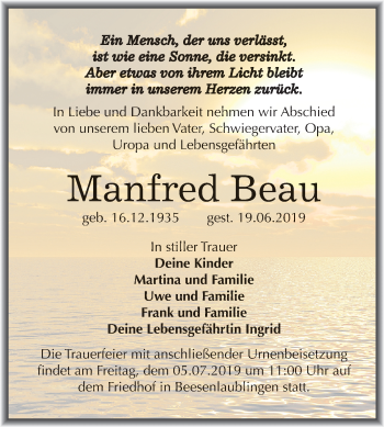 Traueranzeige von Manfred Beau von Mitteldeutsche Zeitung Bernburg
