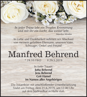 Traueranzeige von Manfred Behrend von Mitteldeutsche Zeitung Halle/Saalkreis