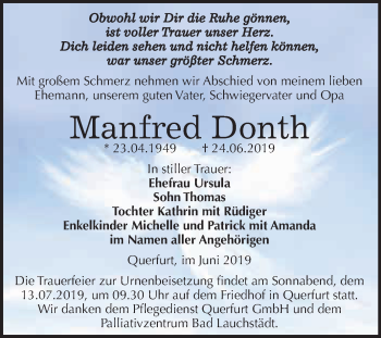 Traueranzeige von Manfred Donth von WVG - Wochenspiegel Merseburg