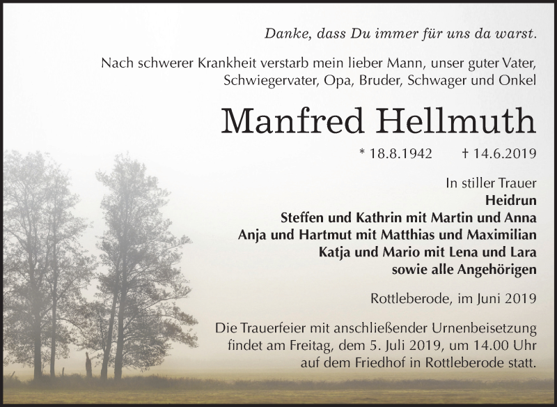  Traueranzeige für Manfred Hellmuth vom 22.06.2019 aus Mitteldeutsche Zeitung