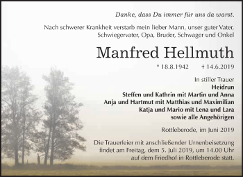 Traueranzeige von Manfred Hellmuth von Super Sonntag SGH Mansf. Land