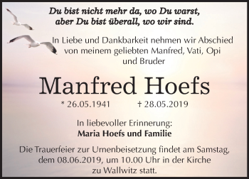 Traueranzeige von Manfred Hoefs von Mitteldeutsche Zeitung Halle/Saalkreis