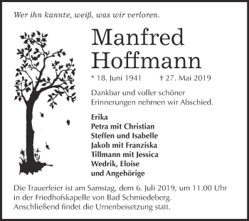 Traueranzeige von Manfred Hoffmann von Super Sonntag Wittenberg