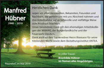 Traueranzeige von Manfred Hübner von Mitteldeutsche Zeitung Weißenfels