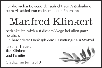 Traueranzeige von Manfred Klinkert von WVG - Wochenspiegel NMB / WSF / ZTZ