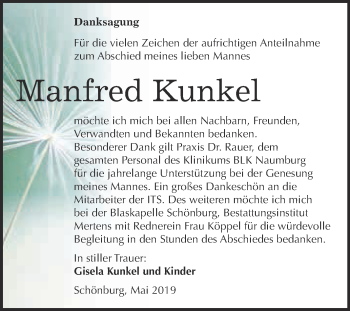 Traueranzeige von Manfred Kunkel von WVG - Wochenspiegel NMB / WSF / ZTZ