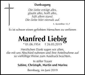 Traueranzeige von Manfred Liebig von Mitteldeutsche Zeitung Bernburg