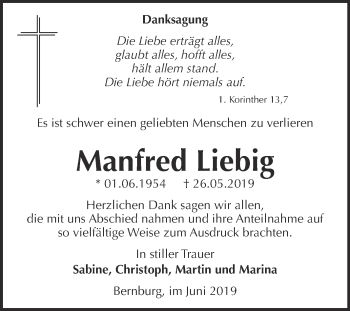 Traueranzeige von Manfred Liebig von Super Sonntag Bernburg