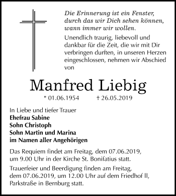 Traueranzeige von Manfred Liebig von Mitteldeutsche Zeitung Bernburg