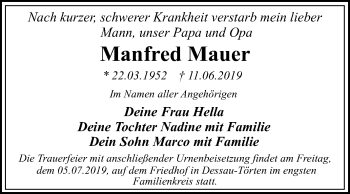 Traueranzeige von Manfred Mauer von WVG - Wochenspiegel Dessau / Köthen