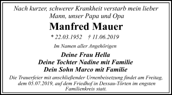 Traueranzeige von Manfred Mauer von Mitteldeutsche Zeitung Dessau-Roßlau
