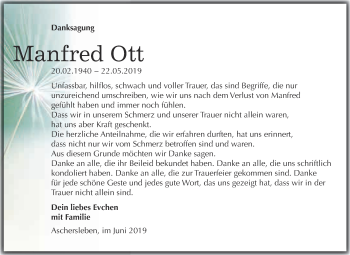 Traueranzeige von Manfred Ott von Super Sonntag Aschersleben