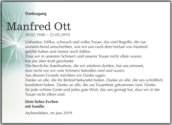 Traueranzeige von Manfred Ott von Mitteldeutsche Zeitung Aschersleben