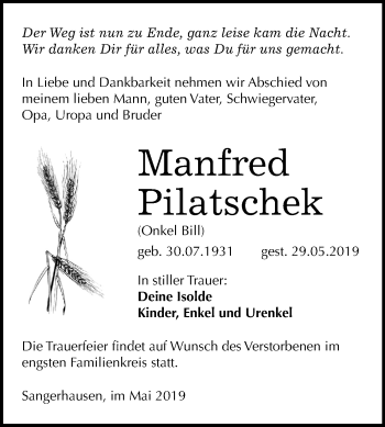 Traueranzeige von Manfred Pilatschek von Mitteldeutsche Zeitung