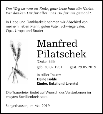 Traueranzeige von Manfred Pilatschek von Super Sonntag SGH Mansf. Land