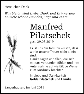 Traueranzeige von Manfred Pilatschek von Super Sonntag SGH Mansf. Land