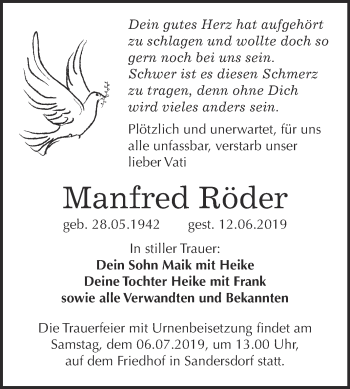 Traueranzeige von Manfred Röder von WVG - Wochenspiegel Bitterfeld