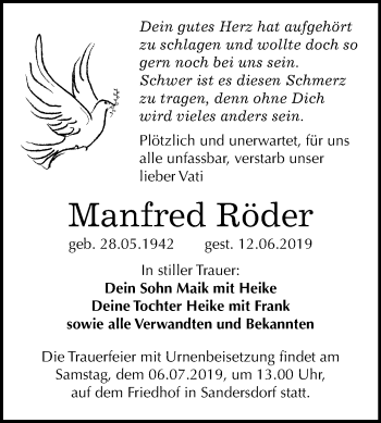 Traueranzeige von Manfred Röder von Mitteldeutsche Zeitung Bitterfeld